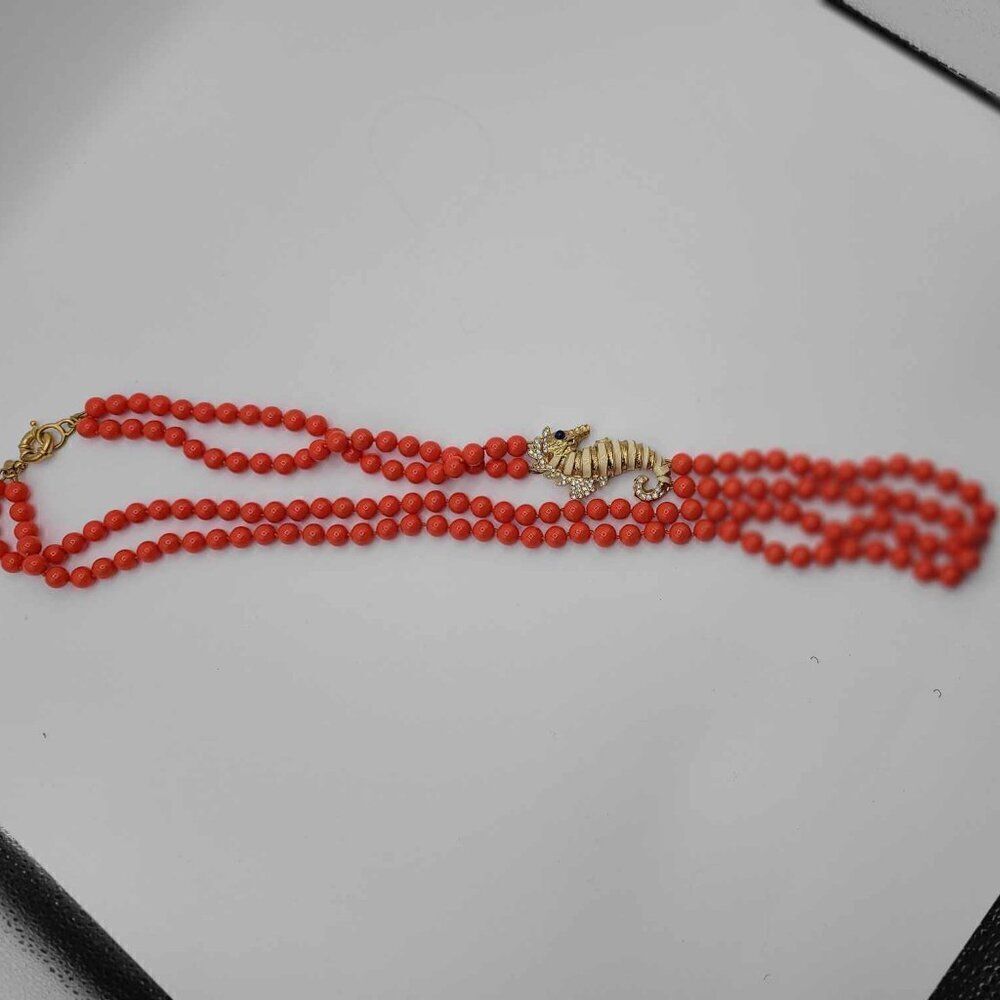 J Crew Reddish Orange Double Strand Beads with Gold Tone Crystal Seahorse - Picture 3 of 8